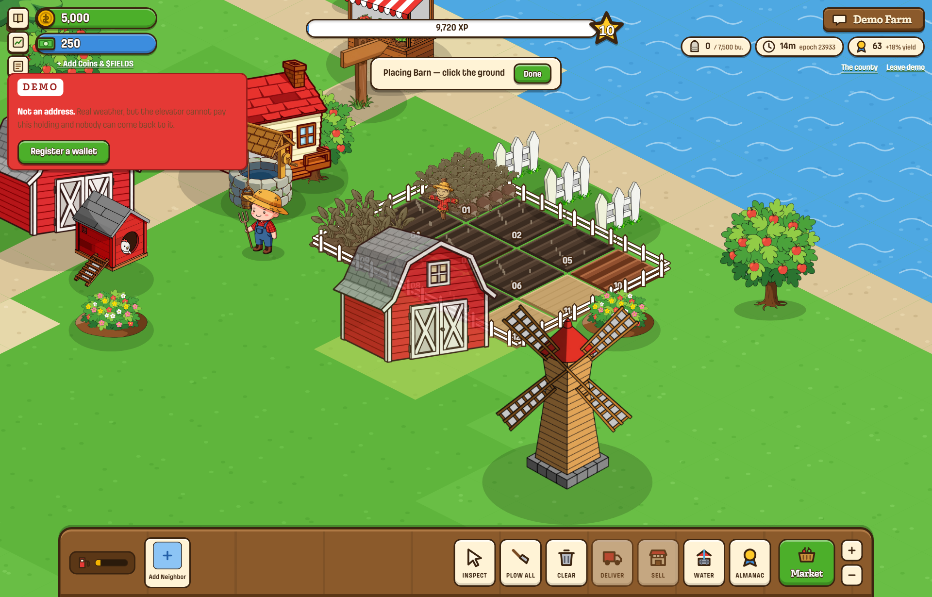 Build mode with a barn ghost showing a valid footprint