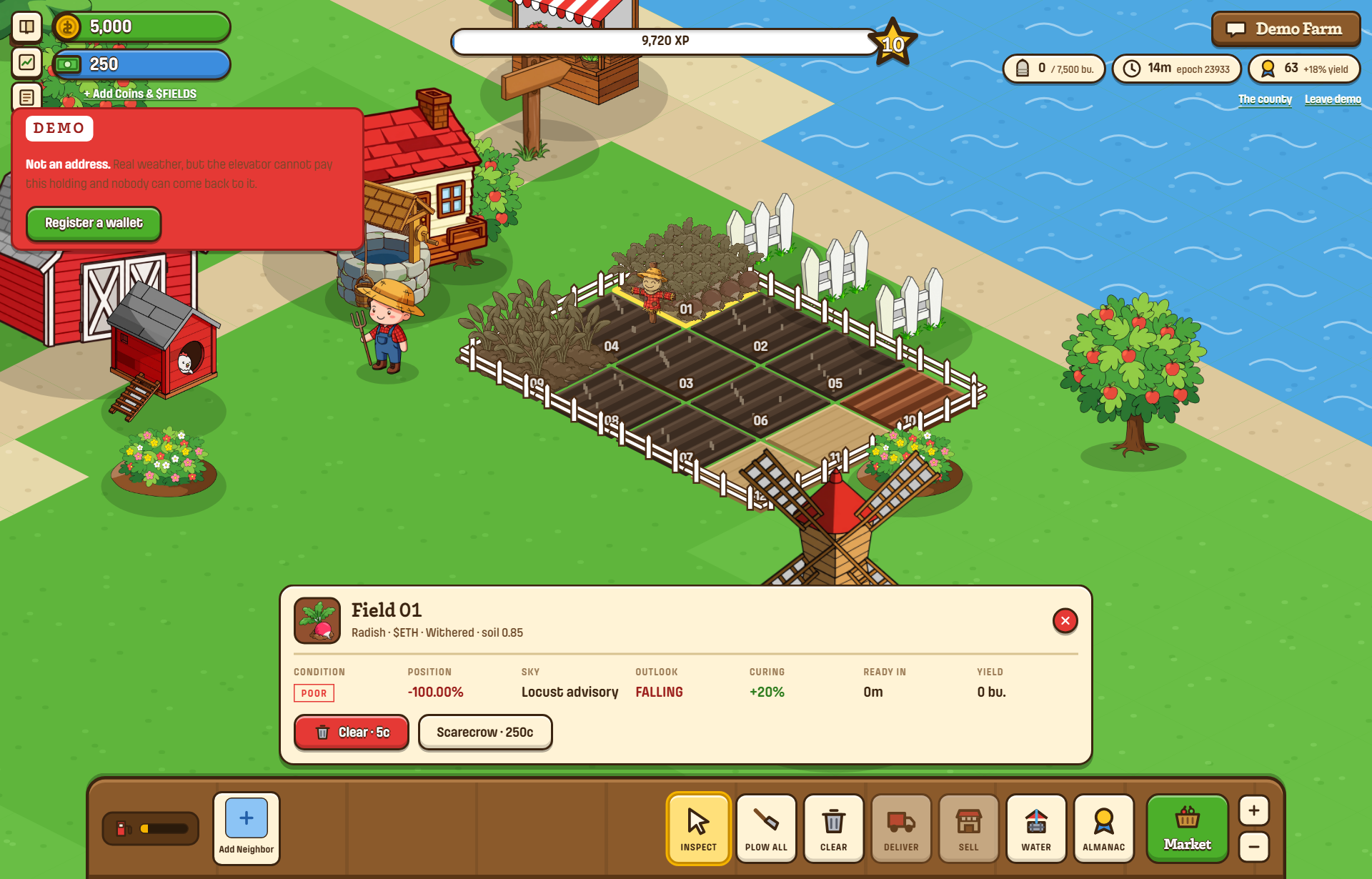 A ready field showing the bushel yield and the withering countdown