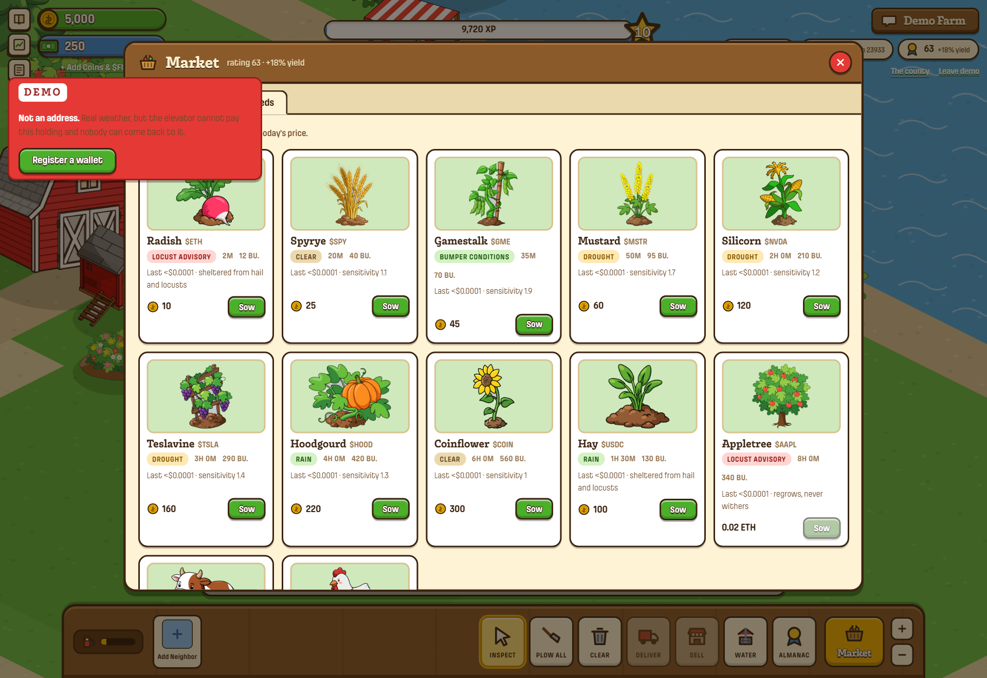 The Market's Seeds tab: crop cards with tickers, skies and prices