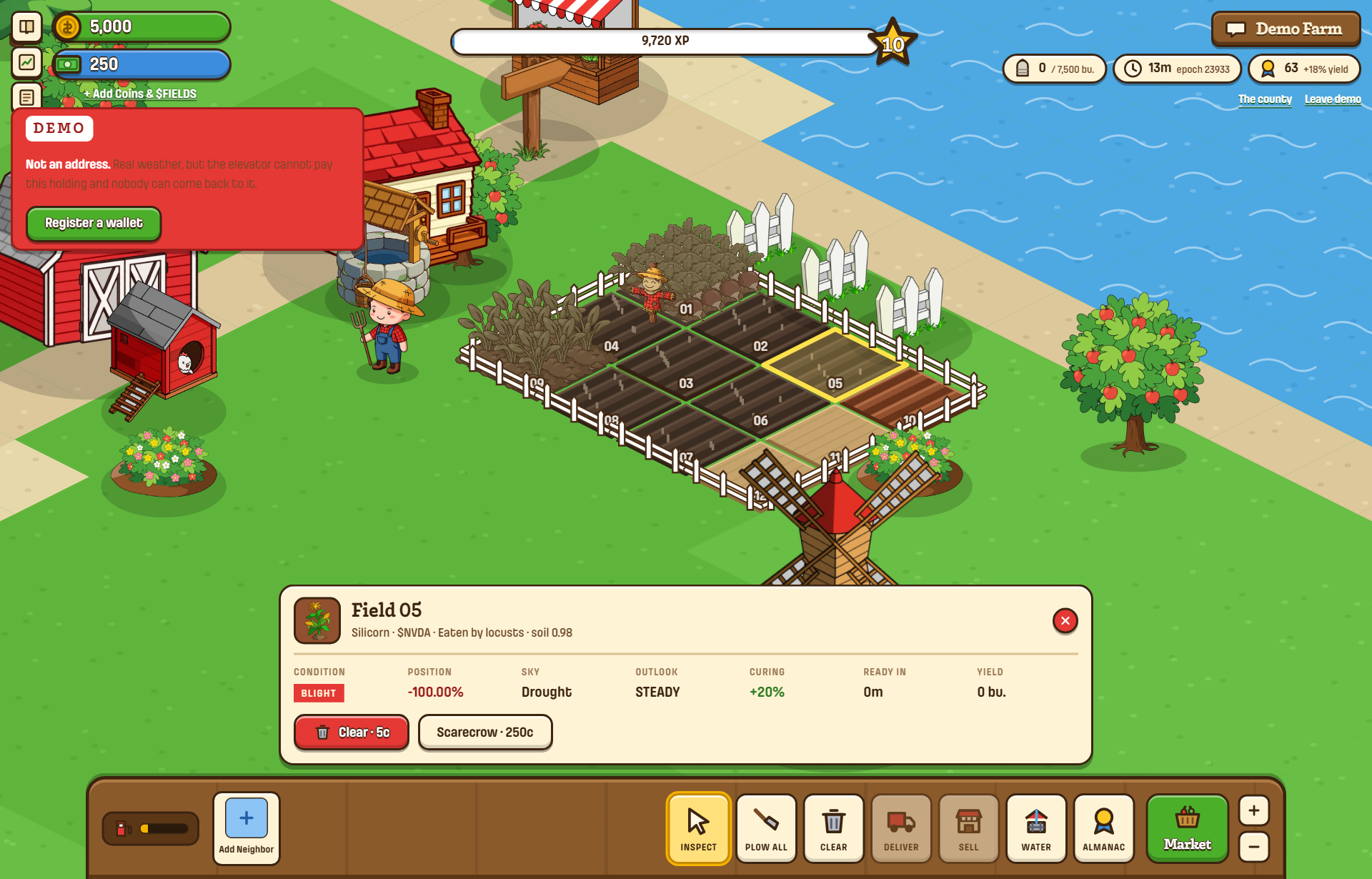 A field card showing outlook, curing and the seed-the-clouds button