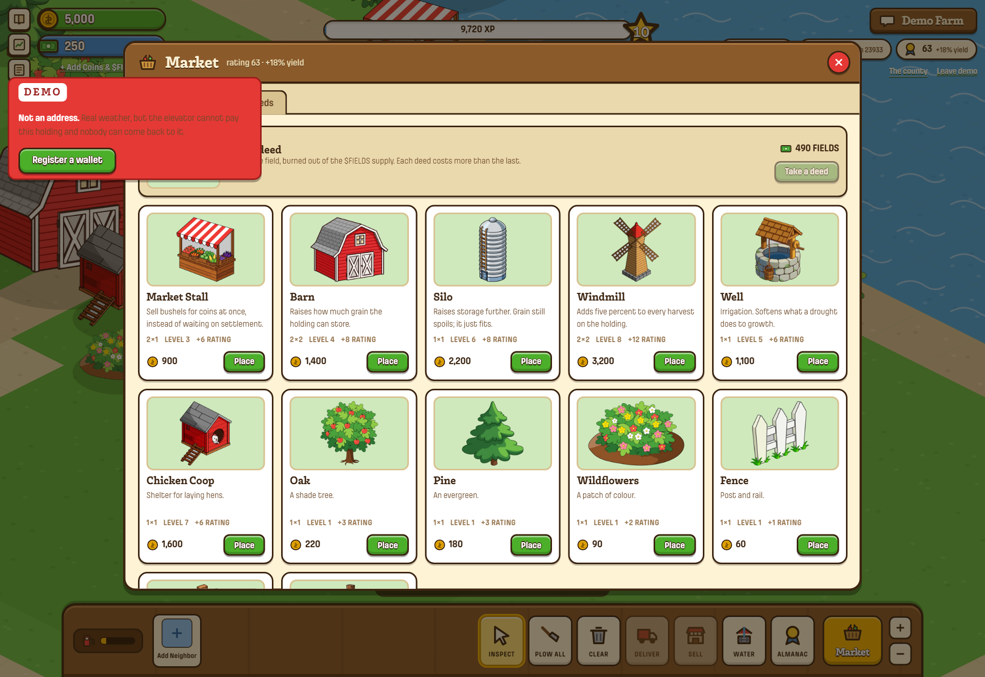 The Market's Buildings tab: cards with art, effects, sizes and costs
