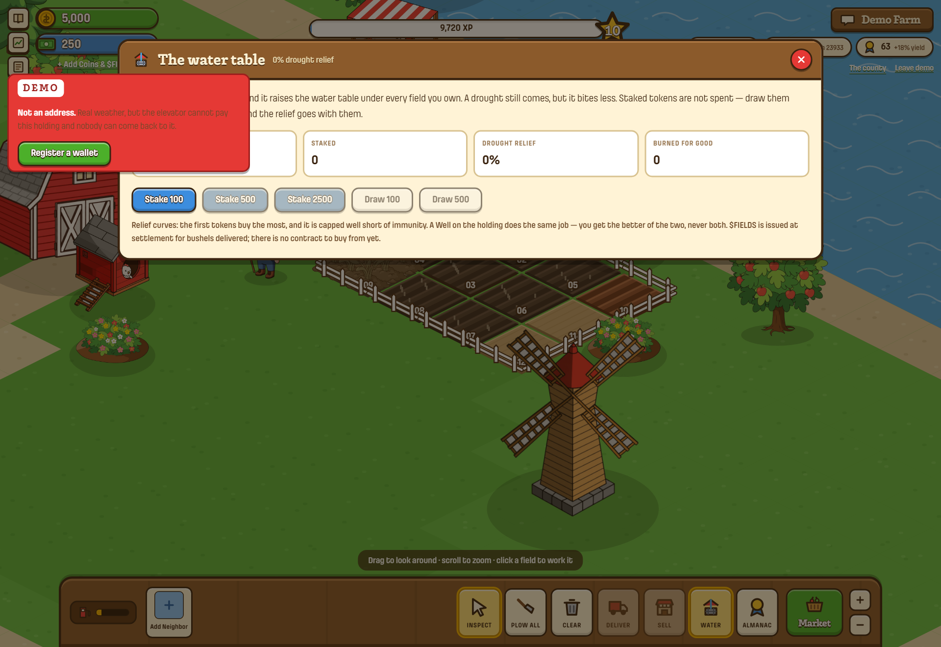 The water table dialog showing staked FIELDS and drought relief