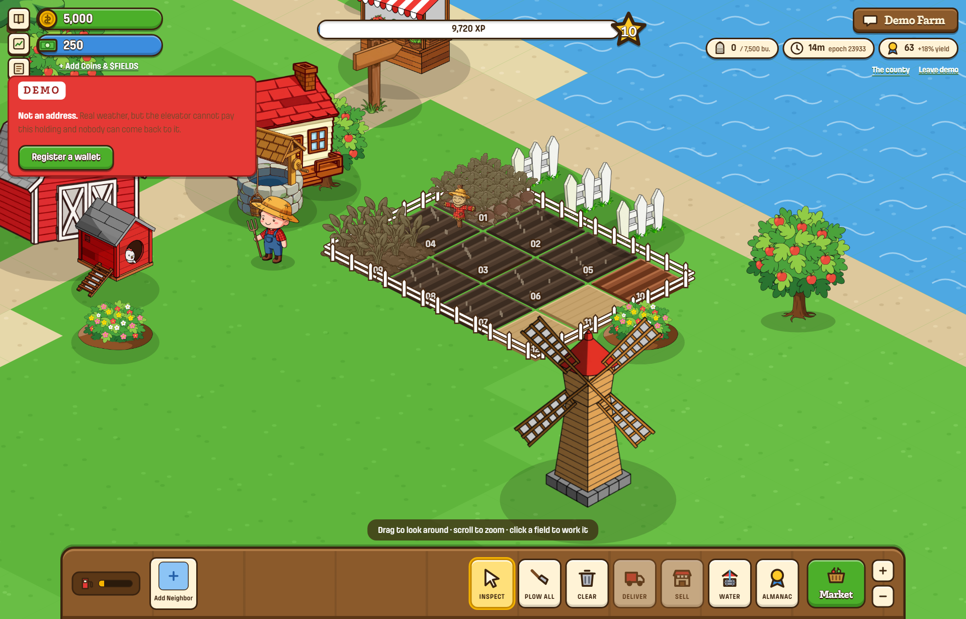 The isometric county with fields, farmhouse, barn and windmill